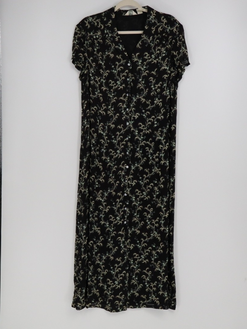 J. Jill Dress 16 Black Floral Rayon Button Front Short Sleeve Midi Shirt Dress